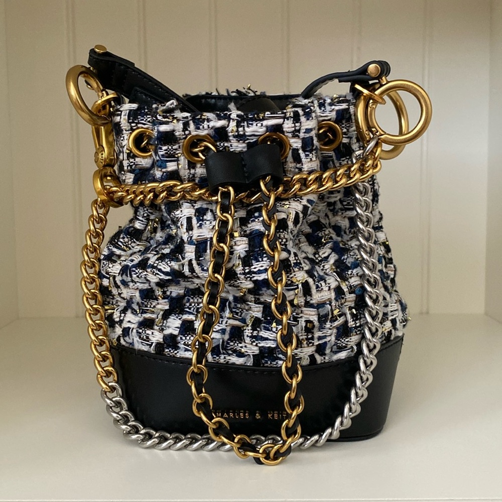 Charles & Keith Dancer Tweed Drawstring Bucket Bag in Navy Tweed
